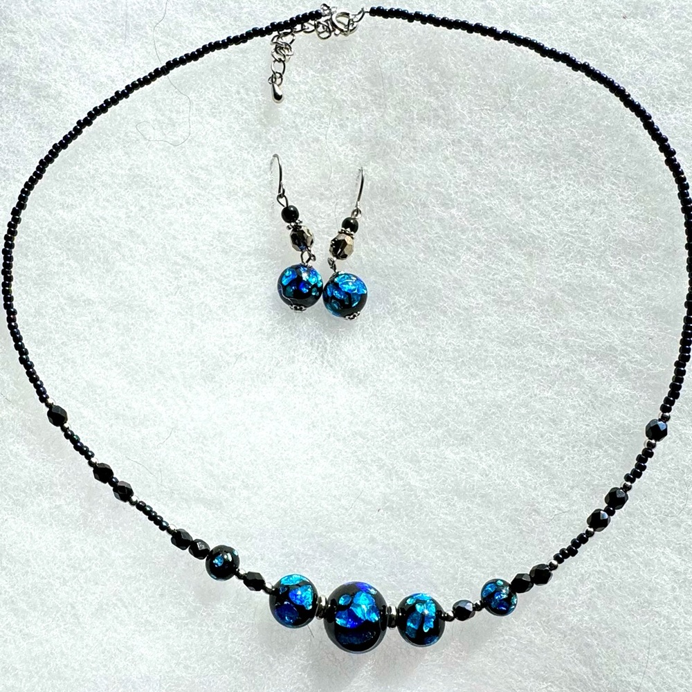 Blue & Black Lampwork Glass Beads Luminous Foil seed-bead necklace & earrings